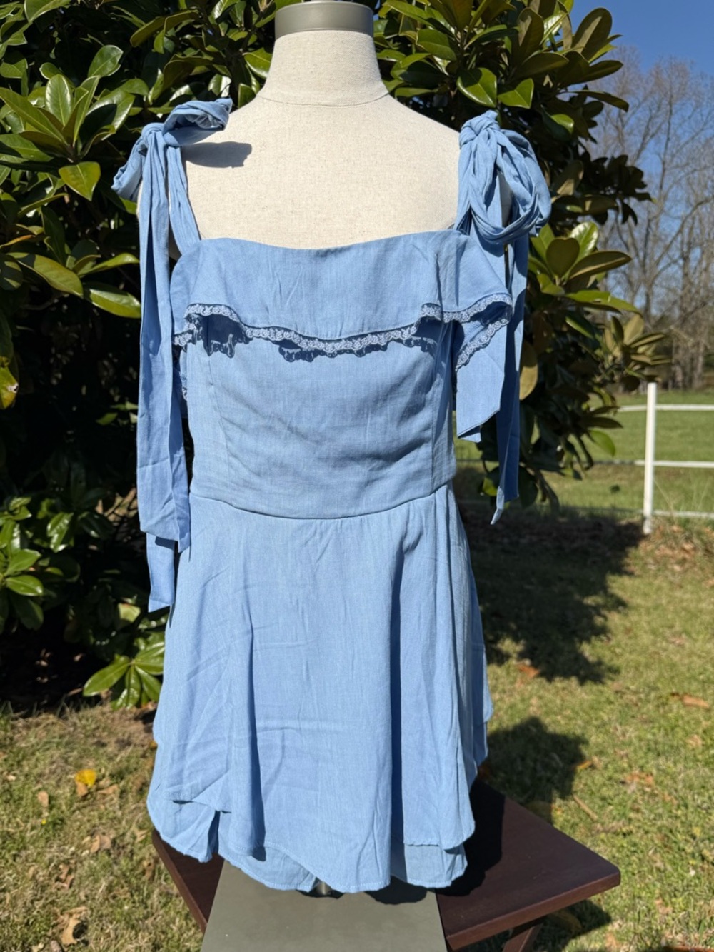 Francesca's Collections Blue Tie-Shoulder Ruffle Romper